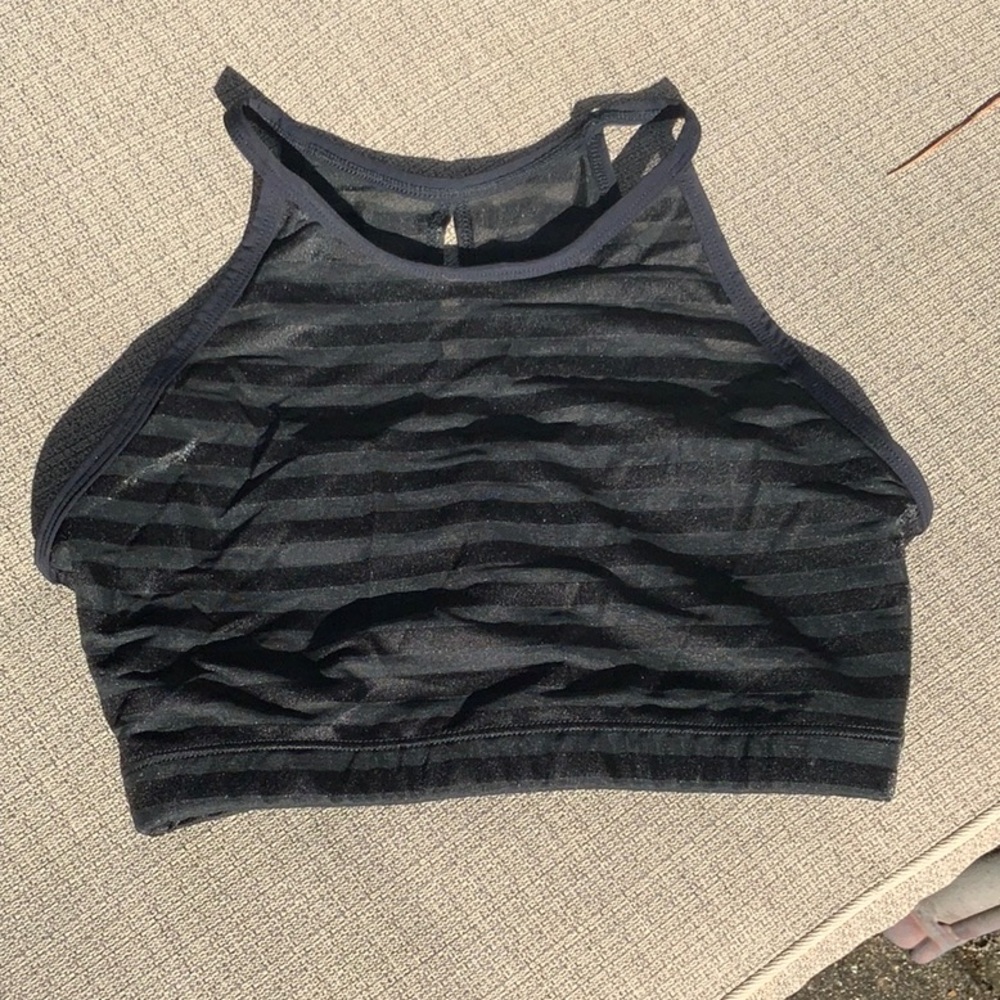 ONZIE HALTER CROP TOP, SIZE M/L, BLACK, ALTERNATING SHEER AND BLACKK STRIPES.
